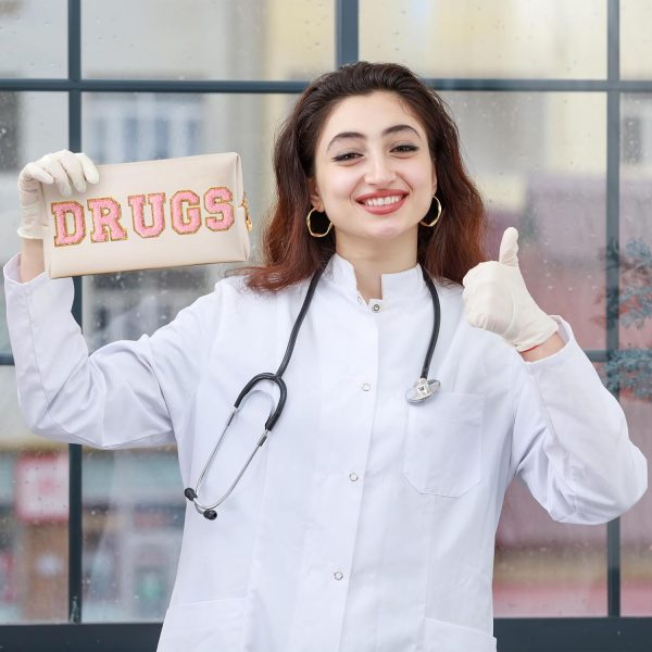 Y1tvei DRUGS Letter Cosmetic Bag - Preppy Pink Drugs Chenille Varsity - Image 6