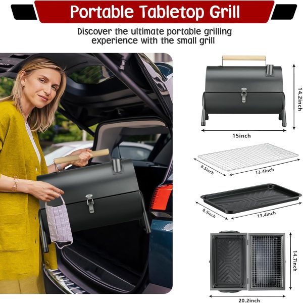 Portable Charcoal Grill, Small BBQ Grill with Smoker Double-Side Use - Image 2