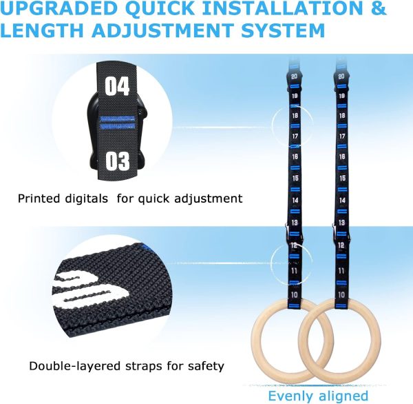 Wooden Gymnastic Rings with Adjustable Numbered Straps. 1.25'' Olympic - Image 2