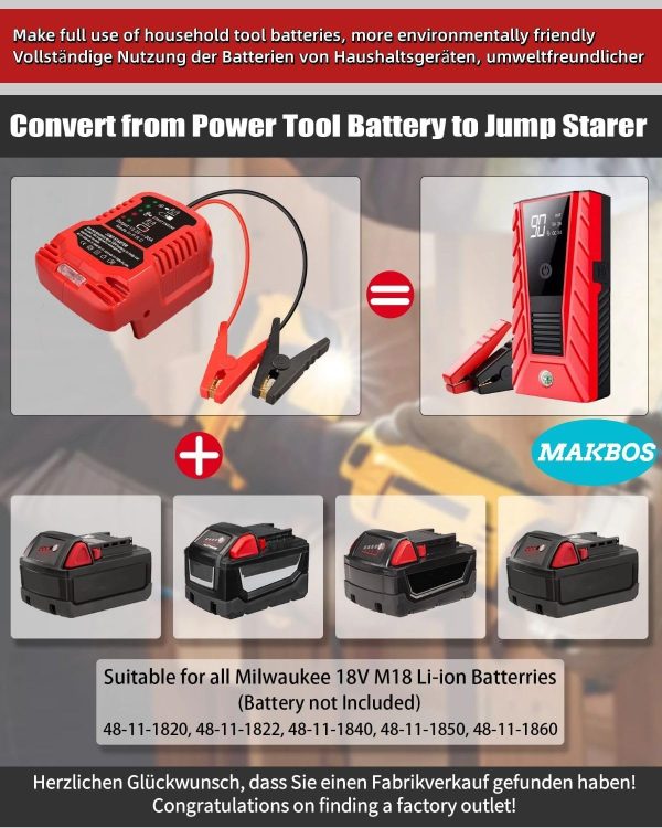 Jumper Cables adapter for Milwaukee 18V M18 Battery Jump Car Starter,Up to - Image 2