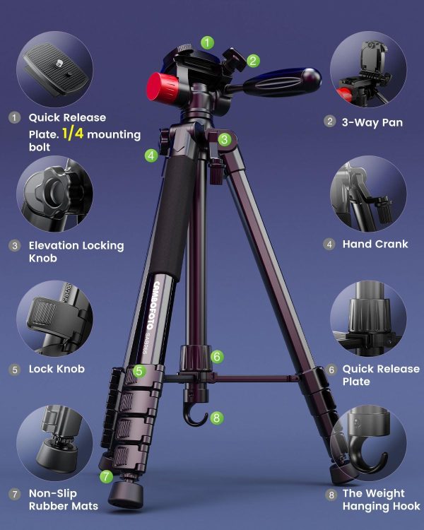 74"-Camera-Tripod, Porfessional Aluminum Heavy Duty Tripod Stand for - Image 6