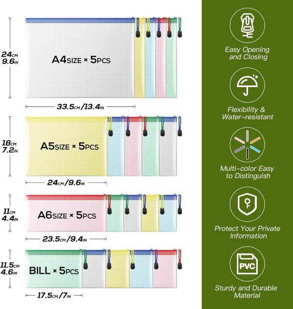 Mesh Zipper Pouch, 20PCS Waterproof Zipper Bags 4 Sizes 5 Colors Document - Image 2
