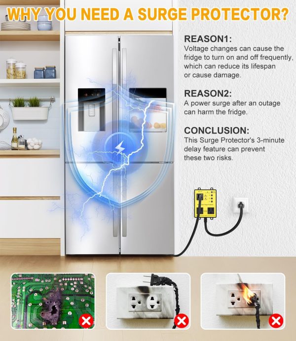 Refrigerator Surge Protector, 3Outlet 120V for Home Appliance, Time Delay, - Image 2