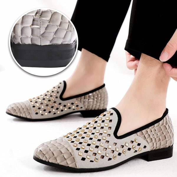 Mens Leopard Loafers Leather Embroidery Spiked Slip on Dress Shoes Slipper - Image 2