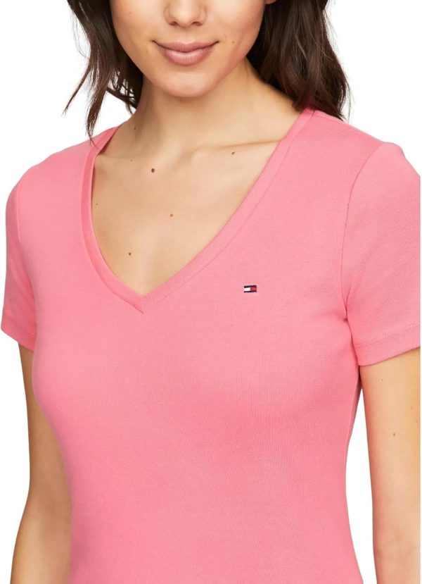 Tommy Hilfiger Women Short Sleeve V-Neck Solid Cotton Tee - Image 3