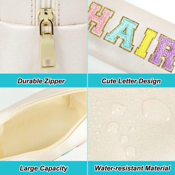 Preppy Patch Makeup Bag, Chenille HAIR Letter Cosmetic Bag,PU Leather - Image 3