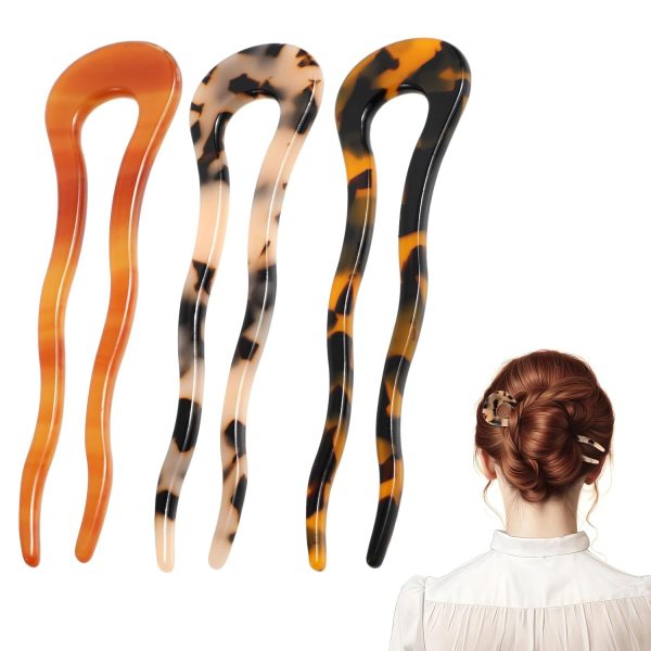 3 Pack French Twist Hair Forks U Shape Cellulose Acetate Hair Pins Vintage - Image 8