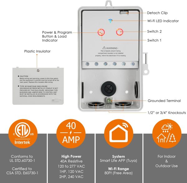Suraielec WiFi Pool Timer, 120/277V Individual Switches Pool Pump Timer, 40 - Image 2