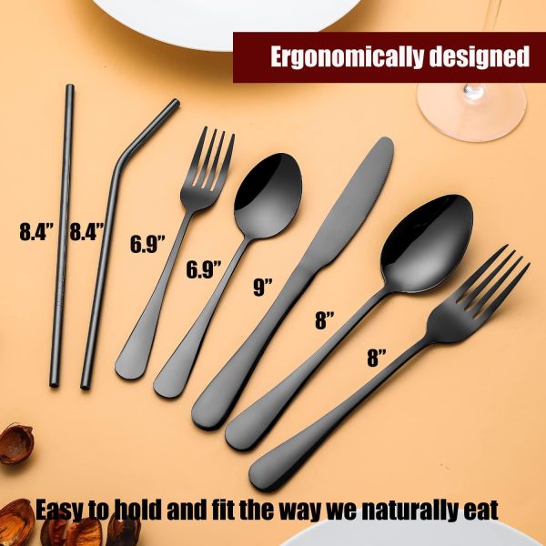 84 Pieces Black Silverware Set Service for 12 Flatware Set with Straws - Image 4