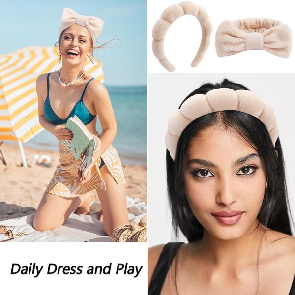 VELSCRUN 6 Pack Makeup and Skincare Headbands, Brown Sponge Hair Band Bow - Image 6