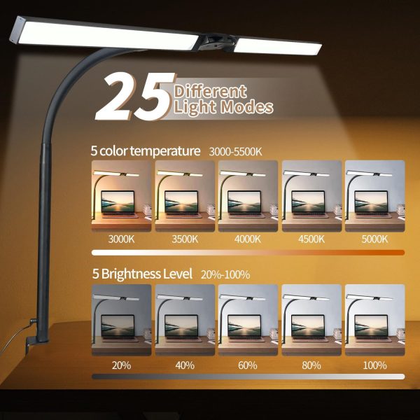 Led Desk Lamp for Office Home,Remote Control 24W Dual Head Lamp with Clip, - Image 3
