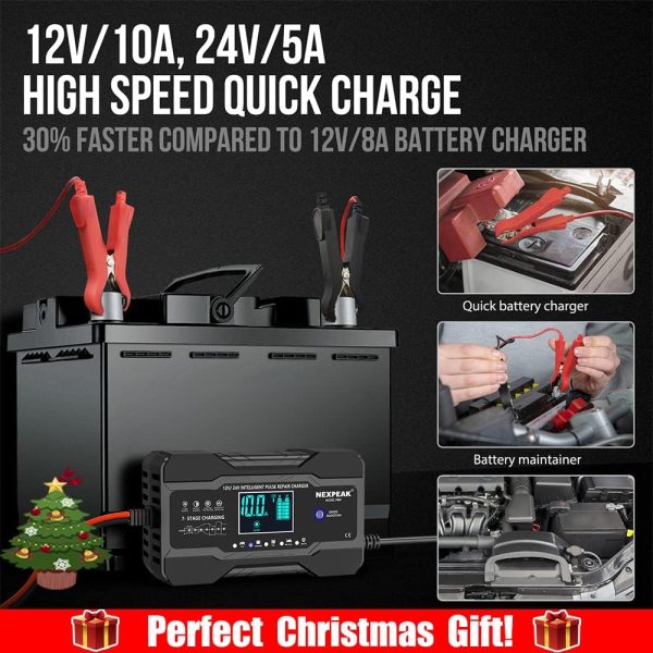 NEXPEAK 10-Amp Car Battery Charger, 12V and 24V Smart Fully Automatic - Image 2