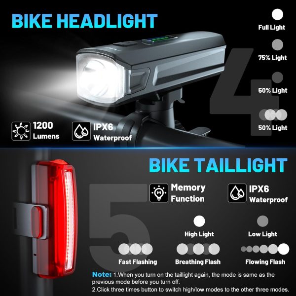 Bike Lights Front and Back, 1200 Lumen Bicycle Light for Night Riding, - Image 4
