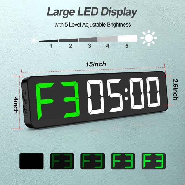 Gym Timer 15" Large LED Display Wall Clock | Interval Workout | Countdown & - Image 2