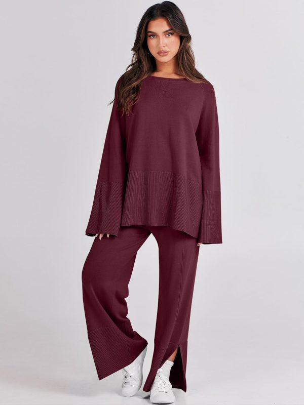 ANRABESS Womens 2 Piece Outfits Oversized Knit Sweater Set Wide Leg Pant - Image 7