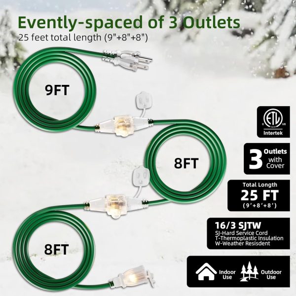 25 FT Outdoor Extension Cord with Multiple Outlets, Evenly Spaced 3 Outlets - Image 2