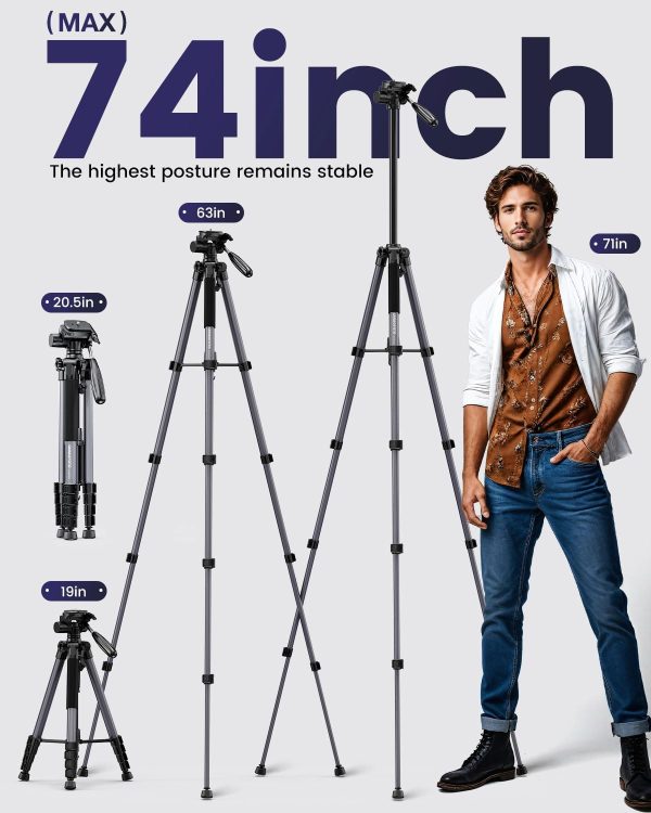 74"-Camera-Tripod, Gray Porfessional Aluminum Tripod Stand for Mirrorless - Image 4
