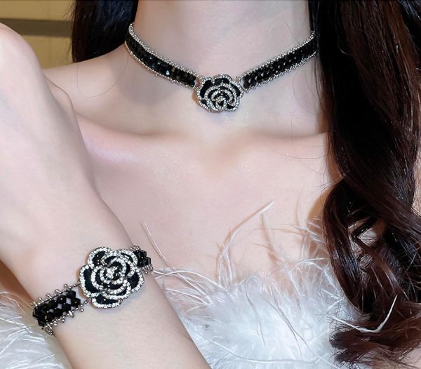Black Rose Choker Necklace and Bracelet - Image 2