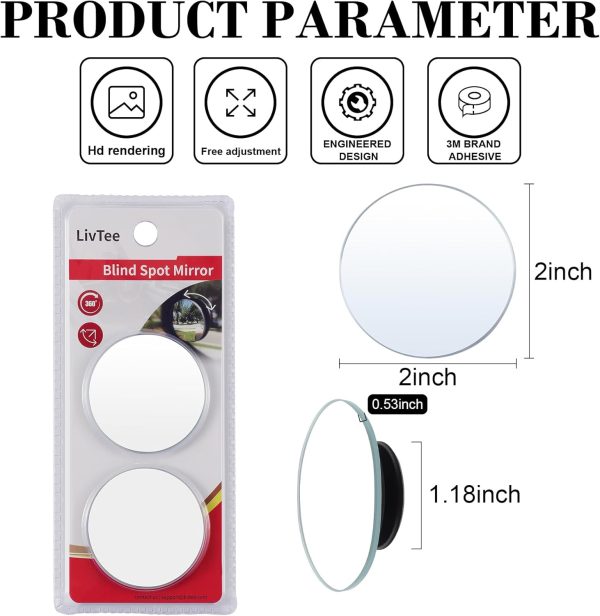 LivTee Blind Spot Mirror, 2" Round HD Glass Frameless Convex Rear View - Image 3