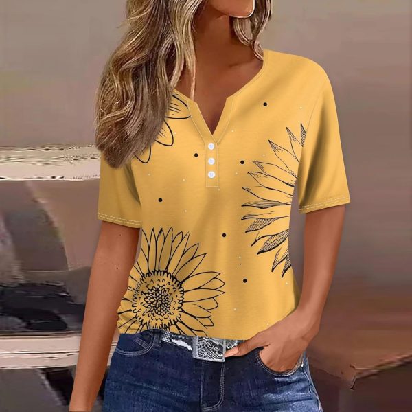 Women Trendy Button V Neck Shirts Casual Short Sleeve Loose Fit Comfy Tunic - Image 2