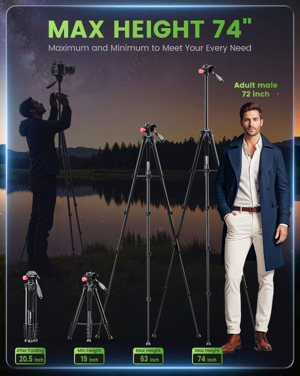 74"-Camera-Tripod, Porfessional Aluminum Heavy Duty Tripod Stand for - Image 3