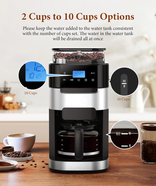 Joy Pebble 10-Cup Drip Coffee Maker with Grinder, Touch-Screen Drip Coffee - Image 4