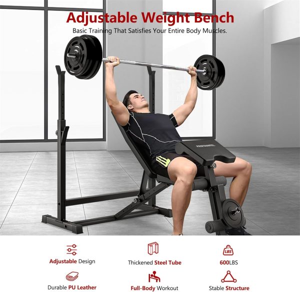 Adjustable Weight Bench, Bench Press Rack with Squat Rack, Leg Exercises - Image 5