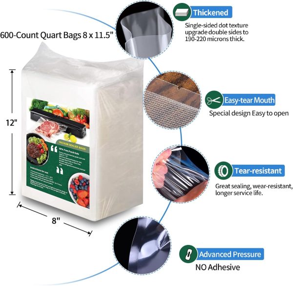 600 Vacuum Sealer Bags for Food, 8 x 12 Inch Precut, BPA Free Quart Bags, - Image 3