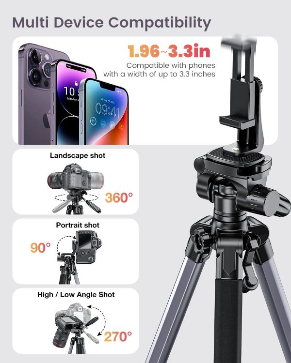 74"-Camera-Tripod, Gray Porfessional Aluminum Tripod Stand for Mirrorless - Image 5