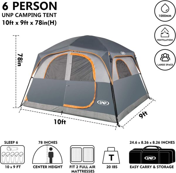 UNP Tents 6 Person Waterproof Windproof Easy Setup,Double Layer Family - Image 2