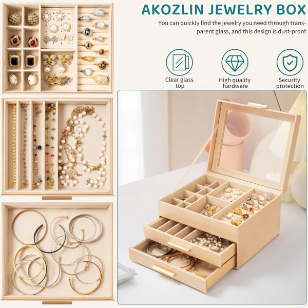 AKOZLIN 3-Tier Jewelry Box with Clear Glass Lid Functional Leather Jewelry - Image 2