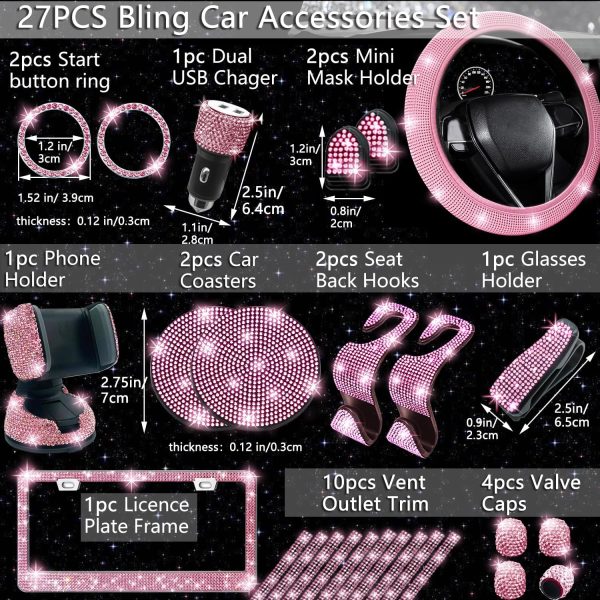 NBTEPEM 27 PCs Pink Bling Car Accessories Set for Women, Bling Steering - Image 2