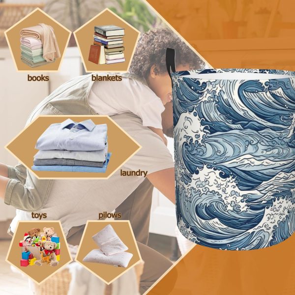 Japanese Waves Collapsible Laundry Basket,Abstract Sea Wave Bedroom - Image 3