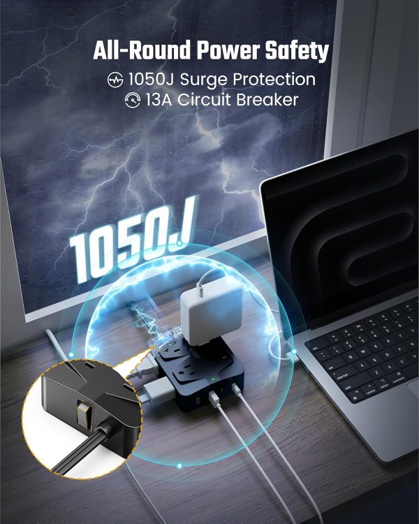 Power Strip with 35W Fast Charging, SUPERDANNY 15Ft Flat Plug Extension - Image 3