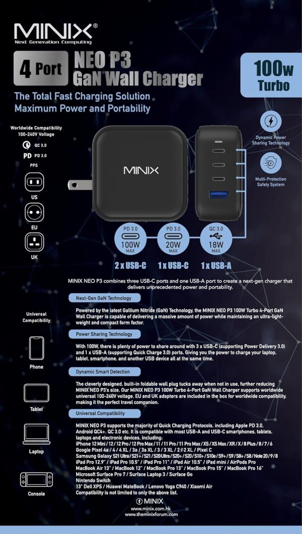 MINIX NEO P3 100W Turbo 4-Ports GaN Wall Charger, 3 x USB-C Port Fast - Image 8