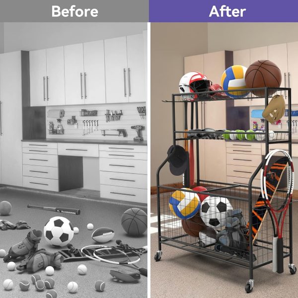 Garage Sports Equipment Organizer, Ball Storage Rack Indoor/Outdoor Rolling - Image 7