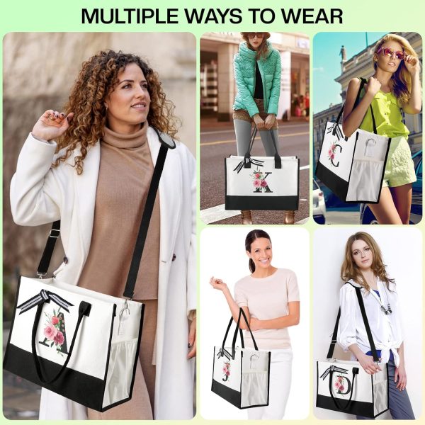 Can-vas Tote Bag for Women w Makeup Bag, Floral Ini-tial Personalized - Image 2