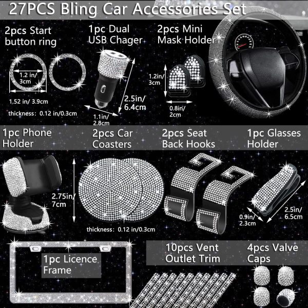 NBTEPEM 27 PCs Bling Car Accessories Set for Women, Steering Wheel Covers - Image 2