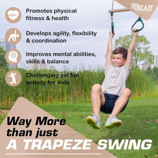 Wooden Trapeze Swing Bar for Kids - 18" Adjustable Height Monkey Bars Rings - Image 6