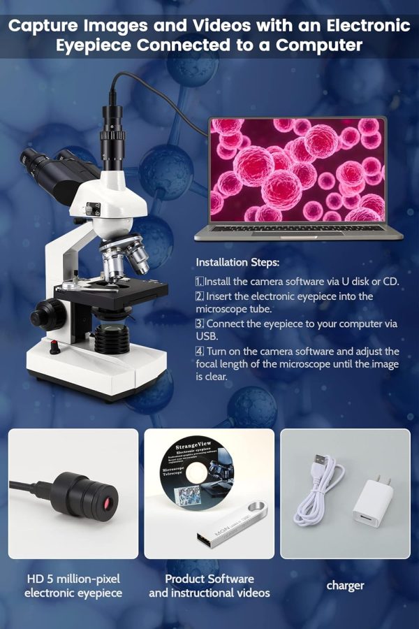 40X-5000X Compound trinocular Microscopes trinocular fo Adults, with 5.0 mp - Image 2
