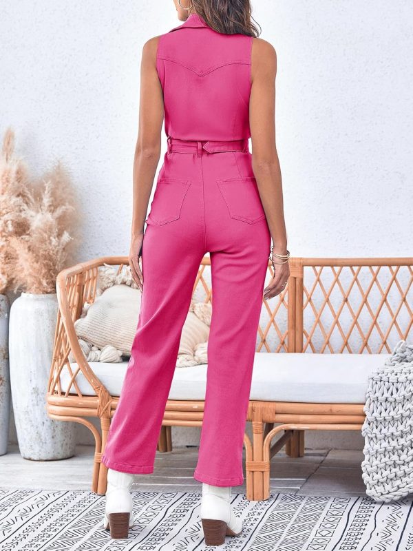 PLNOTME Women's Sleeveless Denim Jumpsuits Zip Up Belted Straight Leg Jeans - Image 4