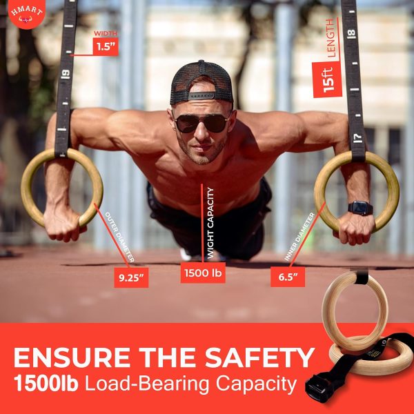 HMART Wooden Gymnastic Rings 1600Ibs Capacity with Loop Bands – 15ft Woven - Image 2