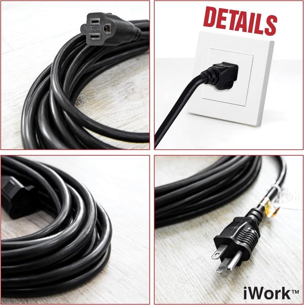 6ft Black Extension Cord, 16/3 SJTW Heavy-Duty, 3-Prong Grounded Plug, - Image 5
