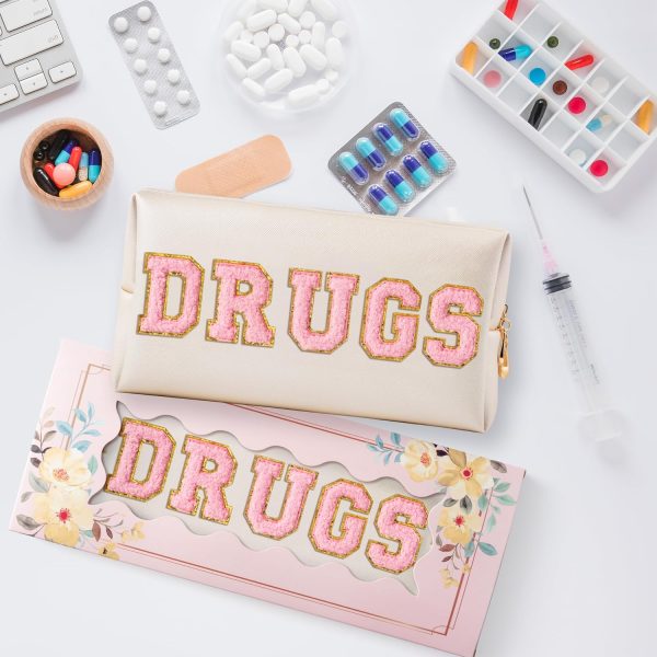Y1tvei DRUGS Letter Cosmetic Bag - Preppy Pink Drugs Chenille Varsity - Image 4