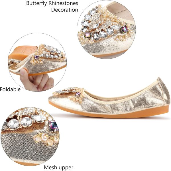 KUNWFNIX Women Ballet Flats Rhinestone Wedding Ballerina Shoes Foldable - Image 3