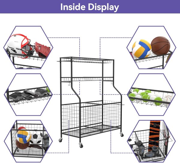 Garage Sports Equipment Organizer, Ball Storage Rack Indoor/Outdoor Rolling - Image 4