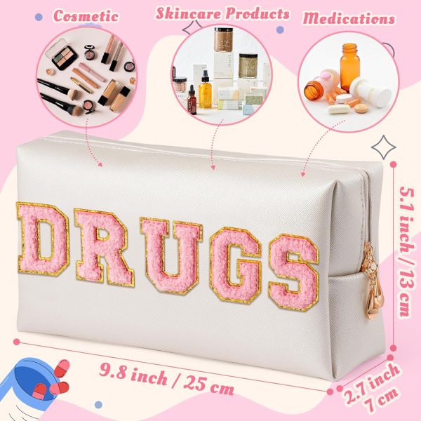 Y1tvei DRUGS Letter Cosmetic Bag - Preppy Pink Drugs Chenille Varsity - Image 2