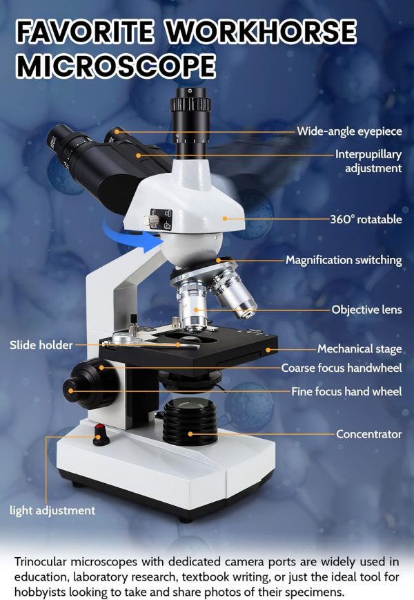 40X-5000X Compound trinocular Microscopes trinocular fo Adults, with 5.0 mp - Image 3