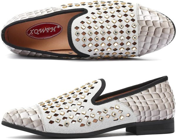 Mens Leopard Loafers Leather Embroidery Spiked Slip on Dress Shoes Slipper - Image 4