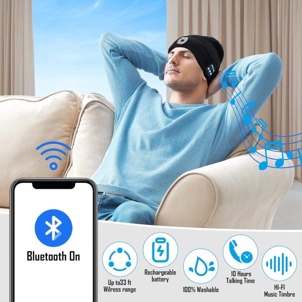 Gifts for Men, Stocking Stuffers for Adults Men LED Bluetooth Beanie Hat, - Image 6